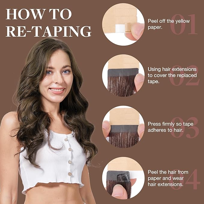 GOO GOO Tape in Hair Extensions Human Hair, 2/6 Dark Brown Highlighted Chestnut Brown, 20inch 30g 10pcs, Skin Weft Seamless Invisible, Silky Straight with Thick Ends, Remy Human Hair