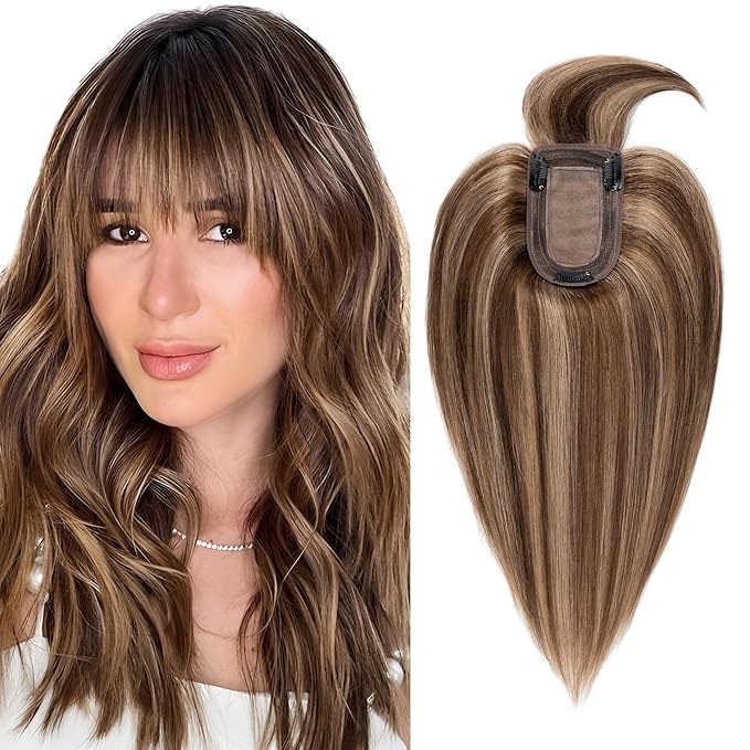 SEGO Hair Toppers for Women Real Human Hair with Thinning, with Front Bangs Clip in Toppers Straight 150% Density Silk Base -18 Inch #4/27 Medium Brown Mix Dark Blonde