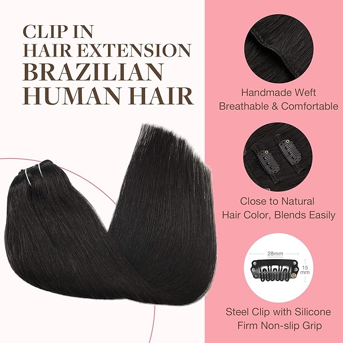 GOO GOO Clip in Hair Extensions Real Human Hair, Remy Human Hair Extensions Clip ins for Women, Natural Human Hair, 16inch 160g 7Pcs, #1B Natural Black