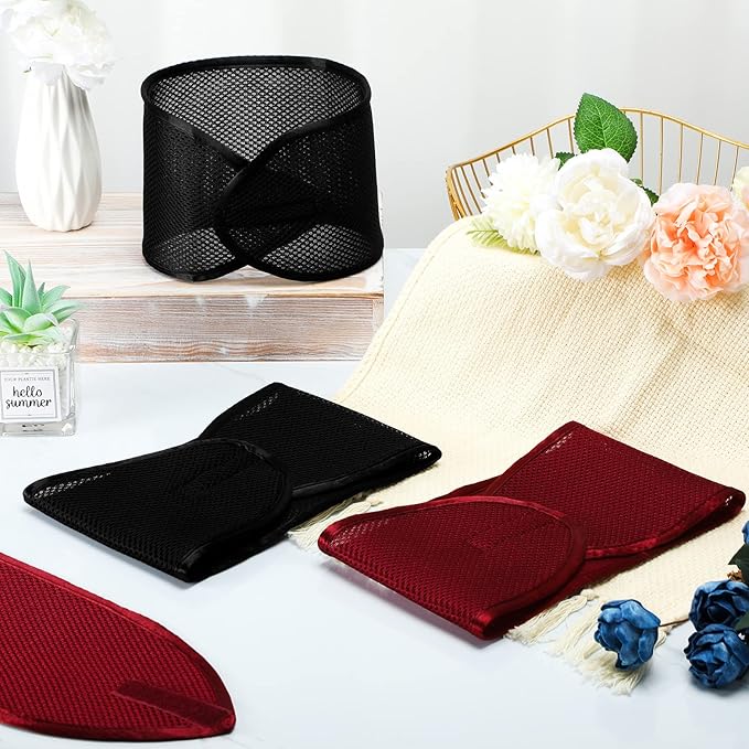 Haysandy Mesh Hair Wraps for Women - 4 Pieces Headbands for Sleeping, Face Wash, Makeup (Black, Wine Red)