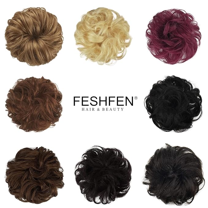 FESHFEN Human Messy Buns - 100% Human Hair Bun Real Scrunchies Hair Pieces Ponytail Extensions Wavy Tousled Updo Chignon Hairpieces for Women，Chocolate Light Brown