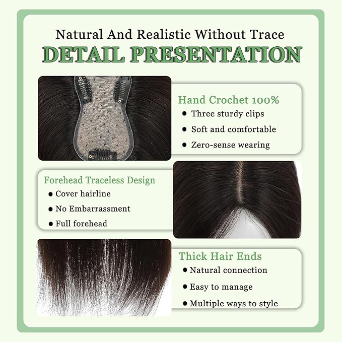 Hair Toppers for Women Real Human Hair, 360°3D Bangs Clip Human Toppers for Women with Thinning hair Realistic Scalp Line (Dark Brown, 3D Side Bangs (11 * 7))