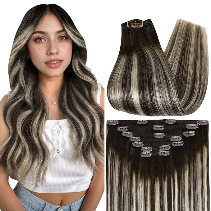 Full Shine Human Hair Clip in Extensions Balayage Dark Brown Clip on Hair Extensions Double Weft Dark Brown Ombre Platinum Blonde Straight Hair Extensions 14 Inch 7 Pcs 120 G