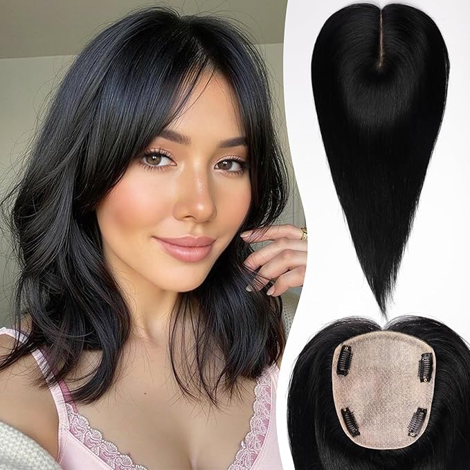 starluck Hair Toppers for Women Real Human Hair, 5"*5.5"Large Coverage Natural Black HairTopper No Bangs,100% Real Human Hair Toppers for Women with ThinningHair,Cover Gray Hair Roots