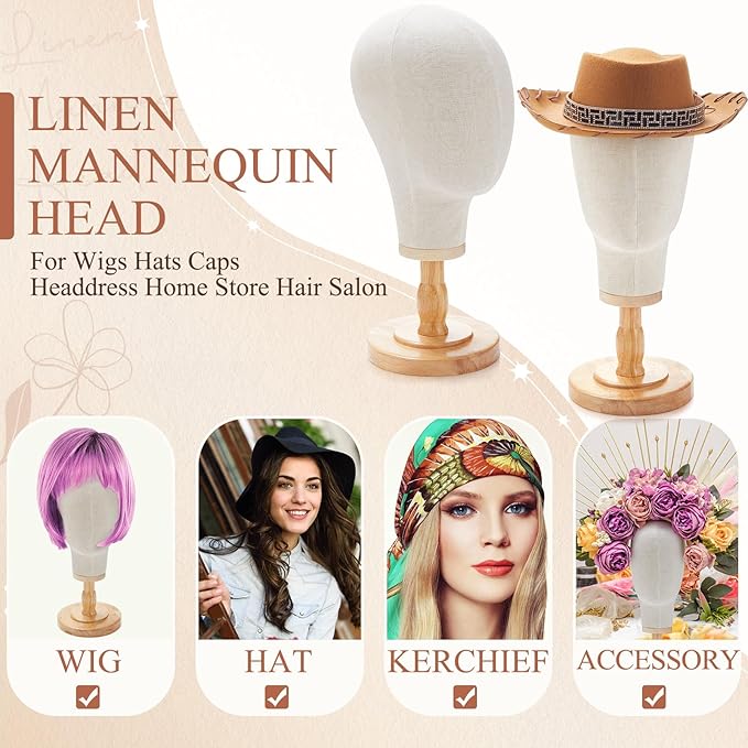2 Pcs Wig Stand with Head 23 Inch Linen Mannequin Head with Wooden Stand Canvas Mannequin for Hats Wigs Caps Headdress Home Store Hair Salon(Beige)