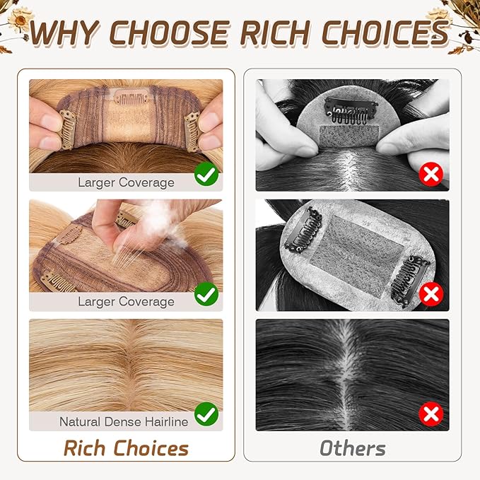 Rich Choices Real Human Hair Toppers for Women With Bang 100% Remy Human Hair Topper for Thinning Hair Clip in Silk Base Hair Topper 12 Inch #12P613 Golden Brown Mix Bleach Blonde