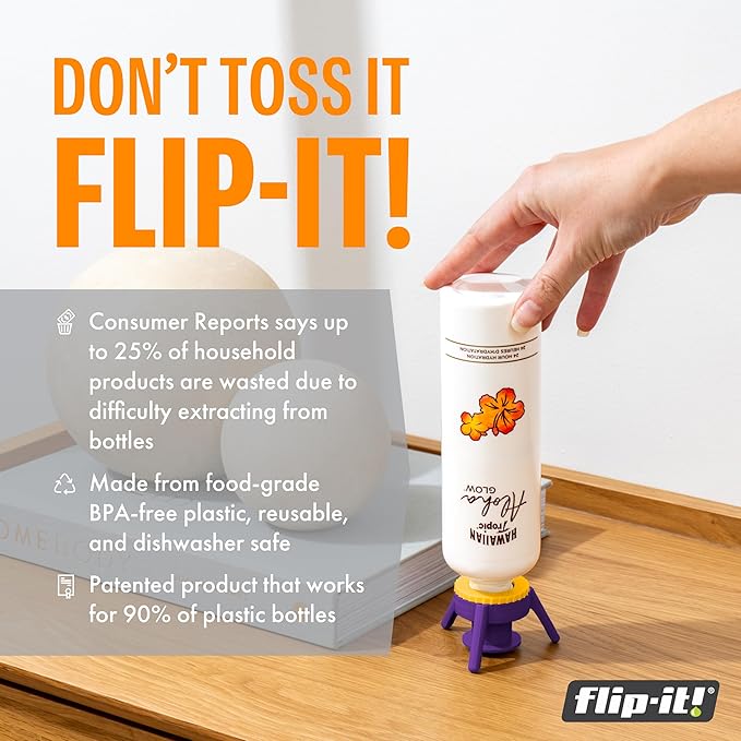 Flip-It! Bottle Emptying Kit – 6 Bottle Pack - No more wasted product - Fits most plastic bottles – 6 Base Caps, 6 Adapters – Bright Color Edition