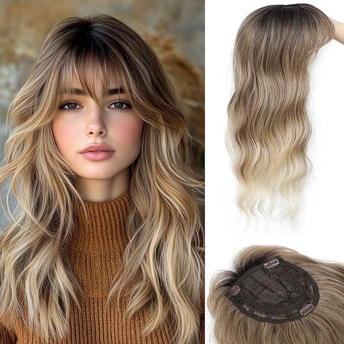 Hair Topper, 360° 3D Hair Toppers for Women with Thinning Crown, 20 Inch Long Wavy Curly Hair Pieces Clip in Bangs (Ombre Highlights Brown with Dark Root, 20 inch, French Bangs)