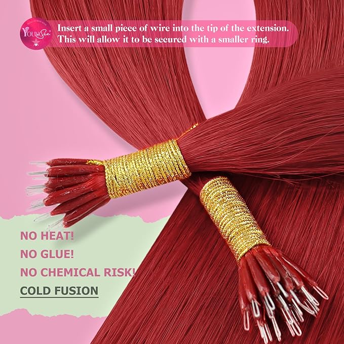 YoungSee Nano Hair Extensions Human Hair Red Long Hair Nano Ring Hair Extensions 24 Inch Nano-Beads Extension Human Hair Red Nanolink Hair-Extension Colored for Party 25g 25s