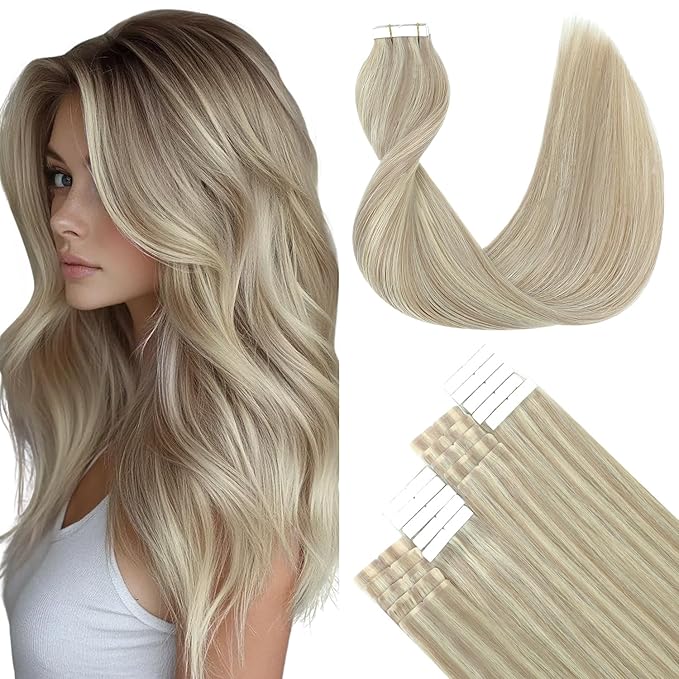 SURNEL Tape in Hair Extensions Human Hair Ash Blonde Highlight Bleach Blonde Tape in hair extensions 18 inch 20pcs 50g(#18P613-18)