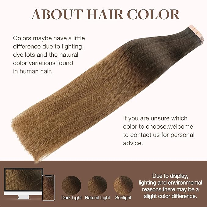 GOO GOO Tape in Hair Extensions Human Hair, 1D/2C/4E Chocolate Dip Color Melt, 22inch 100g 40pcs, Skin Weft Seamless Invisible, Silky Straight with Thick Ends, Remy Human Hair