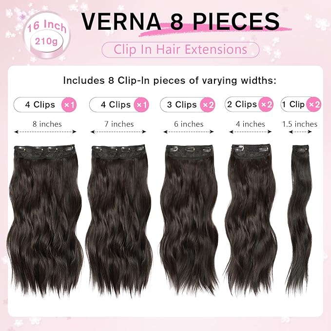 Clip in Hair Extensions, 16 Inch Natural Black Curly Hair Extensions Clip Ins, 8PCS Synthetic Hairpieces for Thinning Hair