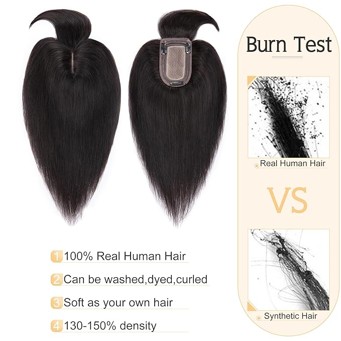 SEGO Hair Toppers for Women Real Human Hair With Bangs, 7 * 13CM Silk Base 100% Remy Human Hair Clip in Top Wiglet Hairpieces Add Volume -10 Inch Natural Black