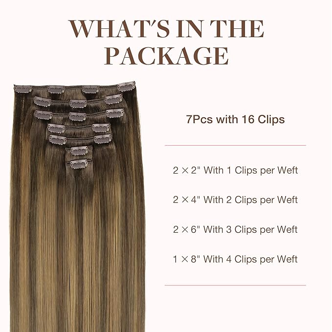 GOO GOO Clip in Hair Extensions Real Human Hair, Remy Human Hair Extensions Clip ins for Women, Natural Human Hair, 14inch 120g 7Pcs, 4D/14/5B Brunette Balayage