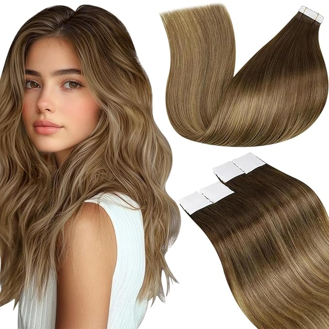 LaaVoo Hair Extensions Tape in Human Hair Balayage Tape Hair Extensions Ombre Chestnut Brown to Light Brown Mix Golden Brown Tape in Extensions Human Hair Seamless 16inch 20pcs 50g
