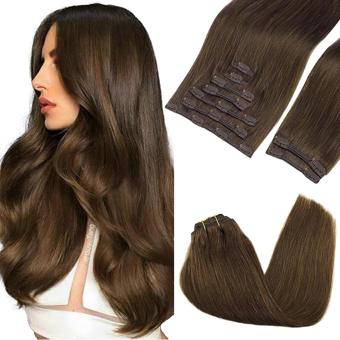 GOO GOO Clip in Hair Extensions Real Human Hair, Remy Human Hair Extensions Clip ins for Women, Natural Human Hair, 16inch 150g 9Pcs, 4A Chocolate Brown