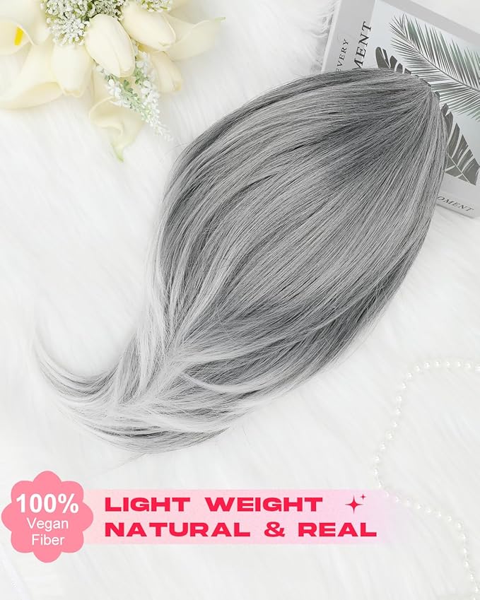Ponytail Extension – 16” Claw Clip in Ponytail Hair Extensions Natural Soft Synthetic High Pony Tail Hairpieces for Women (Grey with White Ends, 16 inch)