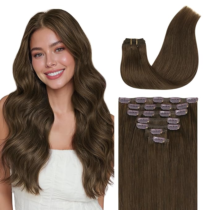 GOO GOO Clip in Hair Extensions Real Human Hair, Remy Human Hair Extensions Clip ins for Women, Natural Human Hair, 14inch 120g 7 Pcs, #4H Light Chocolate Brown