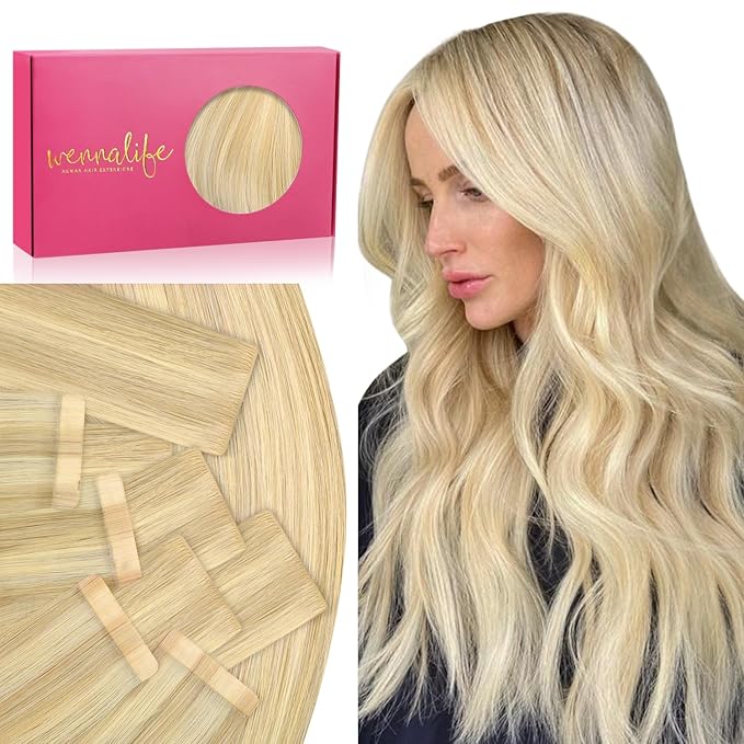 WENNALIFE Invisi Edge & Classic Tape in Hair Extensions Human Hair, 24 Inch 100g 40pcs(20pcs Invisi Edge & 20pcs Classic) Light Blonde Highlighted Golden Blonde Invisible Injected Remy Hair Seamless