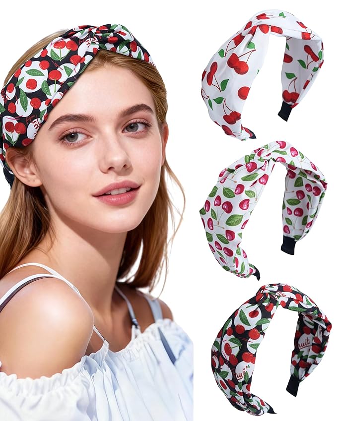 ACECHA 3 Pack Cherry Headbands for Women Girls Fashion, Bunny Ears & Knot Bow Head bands, Stretchy Soft Wide Hair Bands, Cute Hair Accessories Outfits Vacation Gifts Knot Bow B