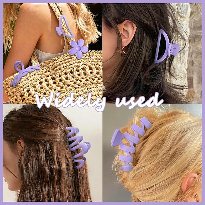 12 Pcs Claw Clips, Multi-Shapes Hair Clips for Women Girls, Non-Slip Large Jaw Claw Clips for Thick Thin Curly Hair Accessories (Purple)