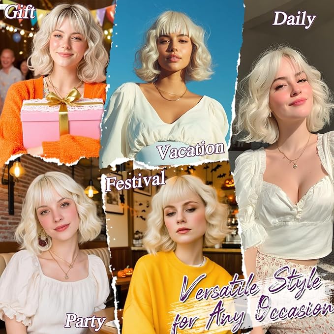 BARSDAR Light Blonde Short Wavy Wig with Bangs - Short Wavy Blonde Wigs for Women - Soft Synthetic Textured Curly French Bob Wig with Bangs Natural Looking Face-Framing Daily Party Halloween