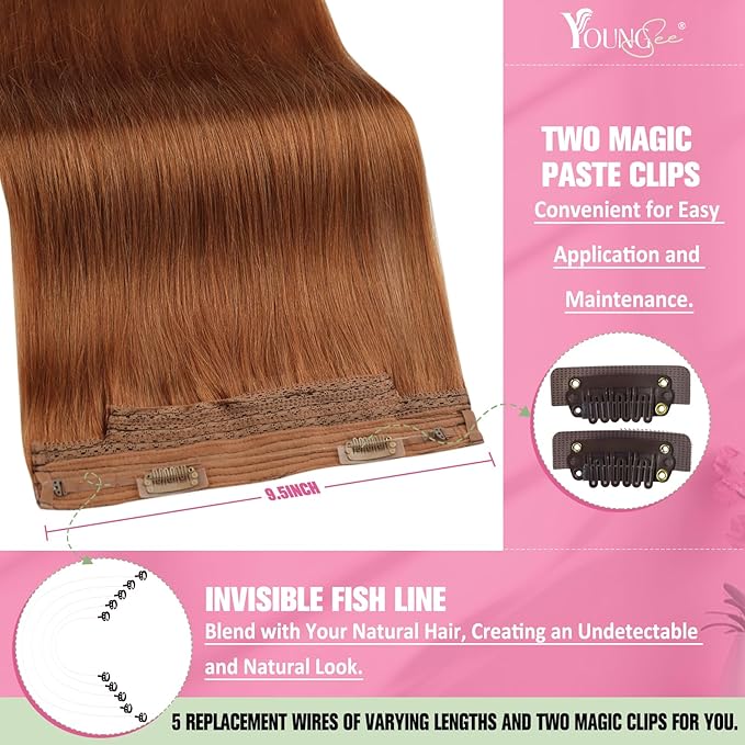 YoungSee Copper Wire Hair Extensions for Women Colorful Human Hair Wire Extensions Copper Layered One Piece Hair Extensions Real Human Hair 80g 14inch