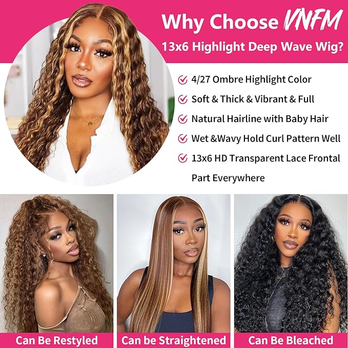 Highlight Deep Wave Wig 13x6 Ombre Lace Front Wig Human Hair Honey Blonde HD Lace Front Wigs Human Hair Pre Plucked 200% Density 4/27 Colored Curly Frontal Wigs for Women 24 Inch