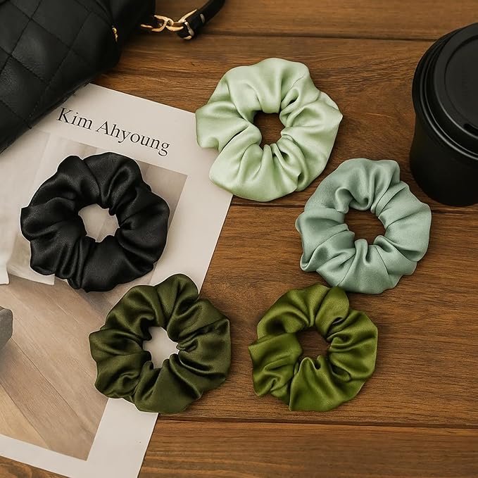 LILYSILK Silk Hair Scrunchies Ties for Frizz & Breakage Prevention 100% Mulberry Elastic Ponytail Holder 5PC (pale green+olive+dark green+avocado+black)