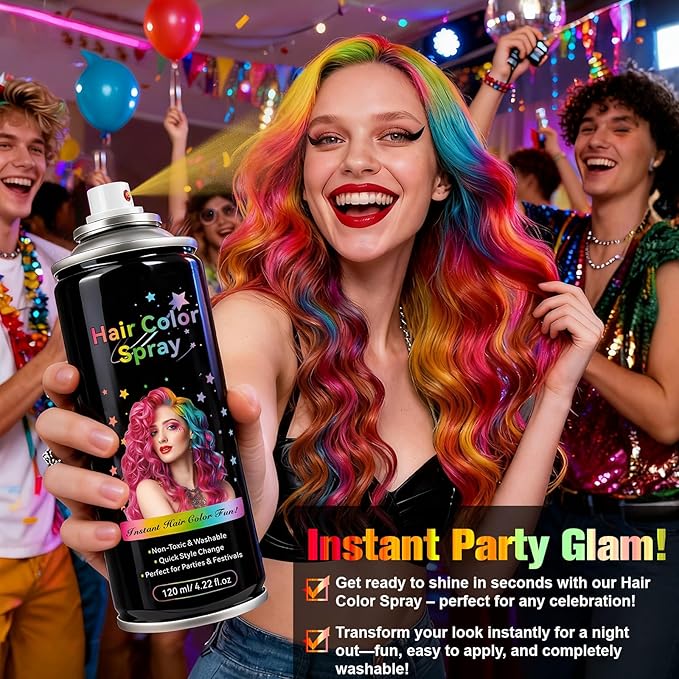Temporary Hair Color Spray - Instant Washable Hair Dye for Kids & Adults, Non-Toxic & Non-Sticky Formula for Halloween, Cosplay, Parties & Festivals - Lasts All Day, Easy Wash Out - 4.22 fl oz (Pink)