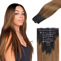 Lashey Seamless Clip in Hair Extensions Human Hair 14 Inch 130g 9pcs Straight Ombre Natural Black to Medium Auburn PU Clip in Hair Extensions Full Human Hair for Women