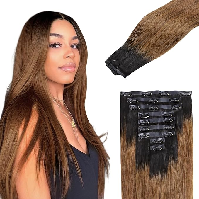 Lashey Seamless Clip in Hair Extensions Human Hair 14 Inch 130g 9pcs Straight Ombre Natural Black to Medium Auburn PU Clip in Hair Extensions Full Human Hair for Women
