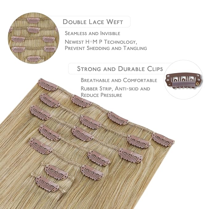 WENNALIFE Clip in Hair Extensions Real Human Hair, 18 Inch 120g 7pcs Dimensional Dirty Blonde Remy Hair Double Weft Straight Natural Extensiones De Cabello Humano Con Clip Ins