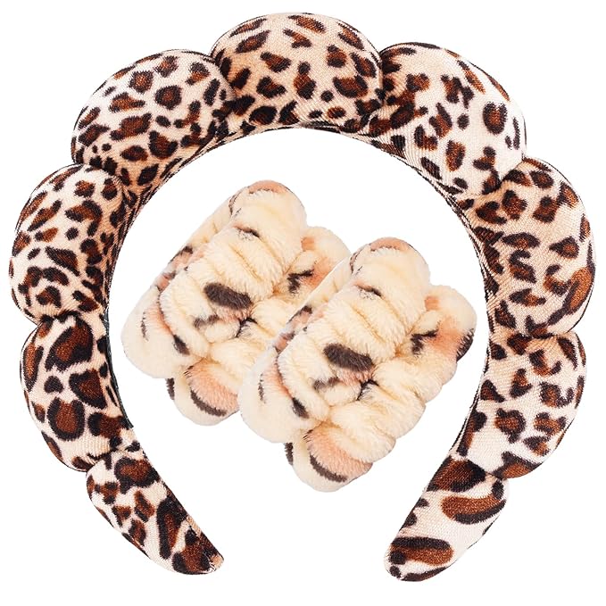 Zkptops Spa Headband for Washing Face Wristband Set Sponge Makeup Skincare Velvet Fabric Bubble Soft Get Ready Hairband for Women Girl Puffy Padded Headwear Non Slip Thick Hair Accessory(Leopard 1)