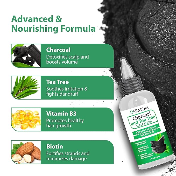 Scalp Serum with Charcoal + Tea Tree - Non GMO Scalp Moisturizer for Dry Itchy Scalp Relief - Fragrance Free Serum with Tea Tree Oil for Scalp Treatment - Rejuvenating Hair Serum with Vitamin