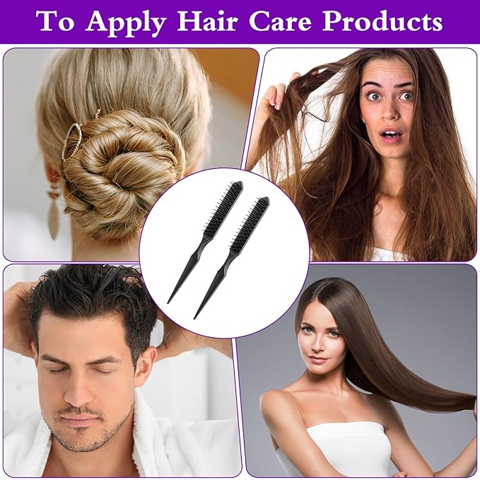 Sibba 4PCS 3 Row Teasing Brush Rat Tail Detangling Hairbrush Hair Styling Teasing Comb Boar Bristle Hair Brush Comb Slick Back Brushes for Natural Curly Sectioning Curls Unbraider Volume Parting Combs