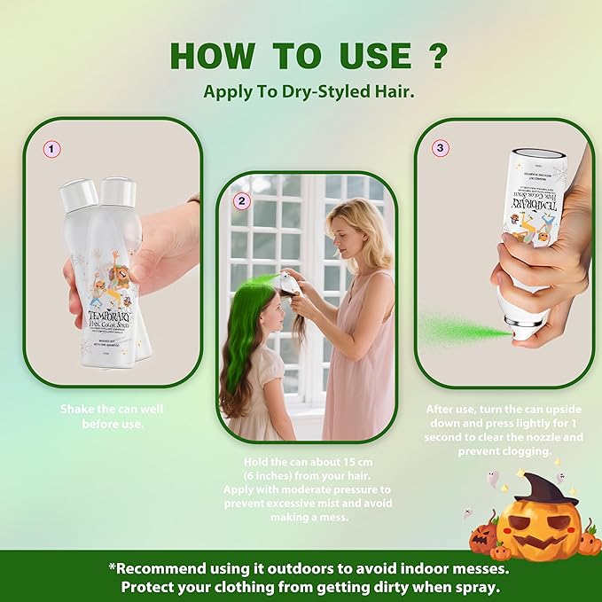 Green Temporary Hair Color Spray for Kids, Instant Colored Hair Dye Alternative for Girls Boys Teens Women Men, Disposable Washable, Quick Styling for Party Cosplay Christmas Halloween, 150ml