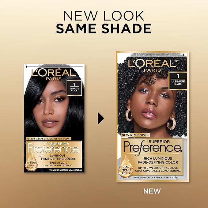 L'Oreal Paris Superior Preference Luminous Fade-Defying Permanent Hair Color, Hair Dye For Up to 9 Weeks of Radiance, Ultimate Black 1, 1 Hair Dye Kit