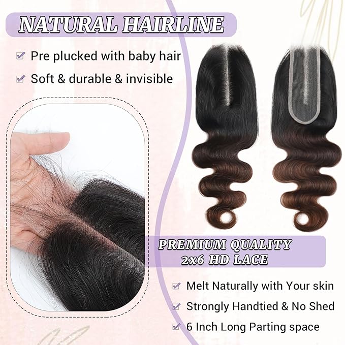 2x6 HD Lace Closure Body Wave Human Hair T1B/2/30 Chestnut Brown Ombre Transparent Lace Closure 2x6 Long Middle Part 100% Raw Virgin Human Hair 18 Inch 150% Density