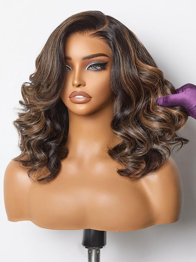 LUVME HAIR 100% Human Hair Wigs Loose Wave Glueless Lace Front 12 Inches, Pre Cut Plucked Hd Lace Short Wig Ready To Go Highlight Color Straight Bleached Knots Side Part Wigs