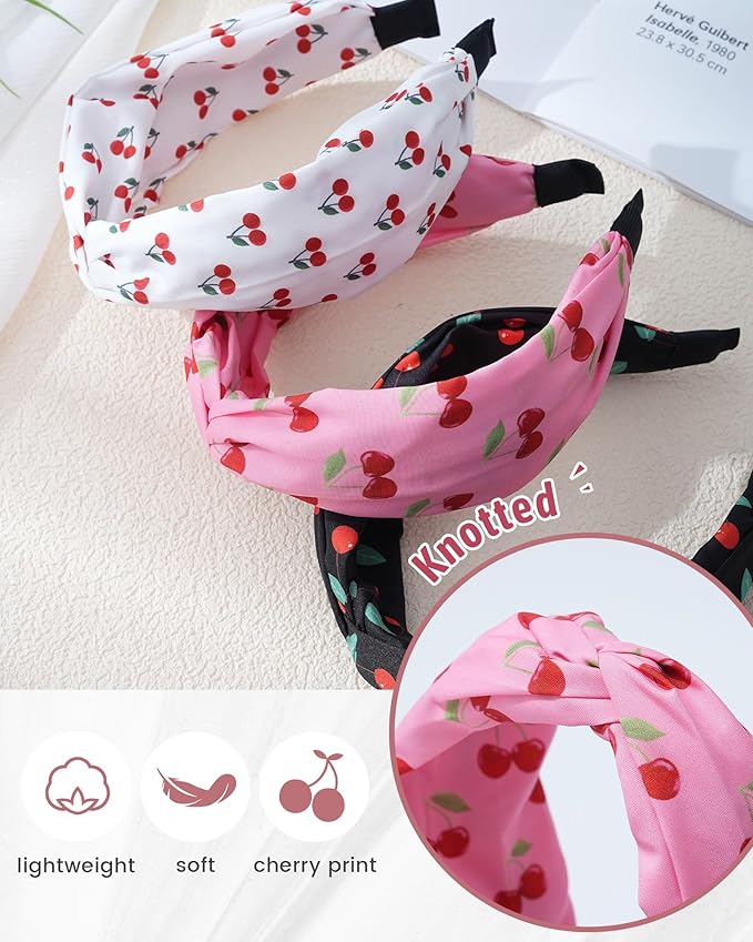 ACECHA 3 Pack Cherry Headbands for Women Girls Fashion, Bunny Ears & Knot Bow Head bands, Stretchy Soft Wide Hair Bands, Cute Hair Accessories Outfits Vacation Gifts Knot Bow A