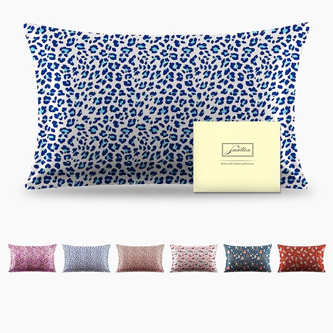 Mulberry Silk Pillowcase for Hair and Skin Queen Size Leopard Print Silk Pillow Cases with Zipper Soft Breathable Smooth Cooling Silk Pillow Covers for Sleeping (Blue Leopard,20"X 30",1Pcs)
