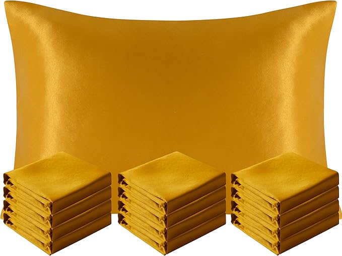 NTBAY 12 Pack Satin Queen Pillowcases for Hair and Skin, Luxurious and Silky Pillow Cases with Envelope Closure, 20 x 30 Inches, Golden Brown
