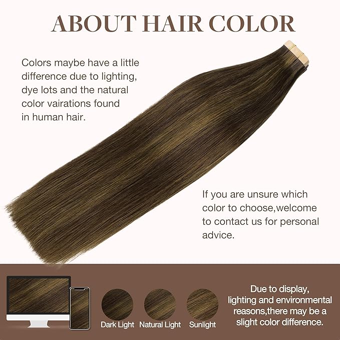 GOO GOO Tape in Hair Extensions Human Hair, 2C/4E/6C Brown Sugar Swirl Highlights, 14inch 50g 20pcs, Skin Weft Seamless Invisible, Silky Straight with Thick Ends, Remy Human Hair