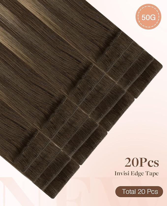 GOO GOO Invisi Edge Tape in Hair Extensions Human Hair, 4/27/4 Balayage Chocolate Brown to Caramel Blonde 20pcs 24inch 50g, Virgin Remy Hair, Seamless Injected Tape, Natural Look
