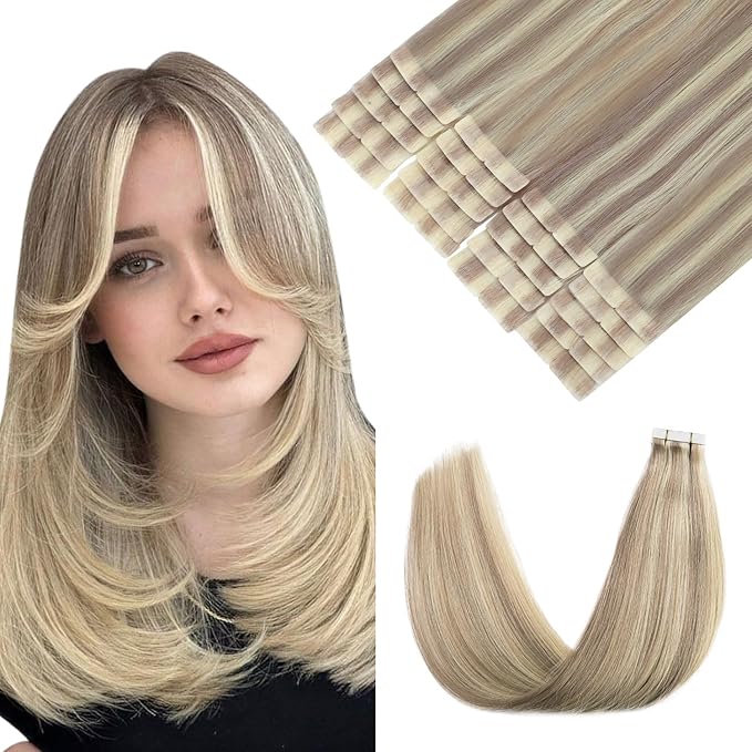 Pinkpearl Invisible Tape in Hair Extensions Human Hair, 20pcs 18inch 50g #18P60 Ash Blonde Highlighted Platinum Blonde Injection Tape in Extensions Real Remy Seamless Human Hair Injected