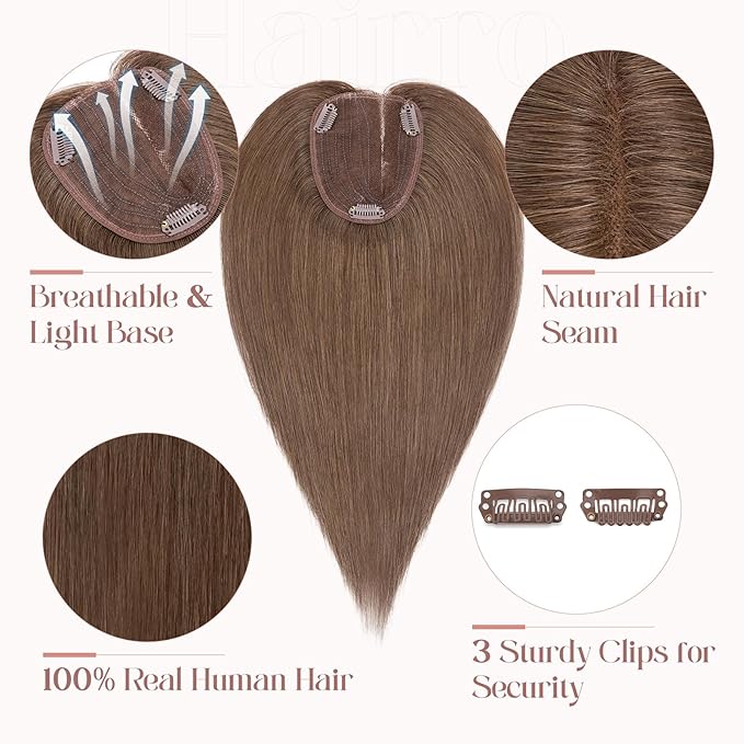 Hairro 100% Human Hair Topper No Bangs, Real Clip in Hair Hairpieces for Women, 3.94x4.72" Silk Base for Thinning Receding High Hairline, 10 Inch Dark Brown Side Part