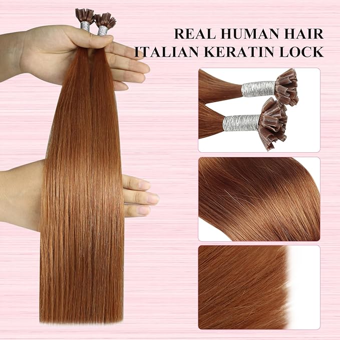 YoungSee U Tip Hair Extensions Copper UTip Hair Extensions Human Hair Copper 16In U Tip Keratin Hair Extension Colored Pre Bonded Hair Extension Utip For DIY 50s/25G
