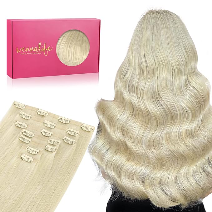 WENNALIFE Seamless Clip In Hair Extensions Human Hair, 14 Inch 130g 7pcs Bleach Blonde Real Hair Extensions Clip in Human Hair Invisible PU Skin Weft Natural Remy Human Hair Extensions