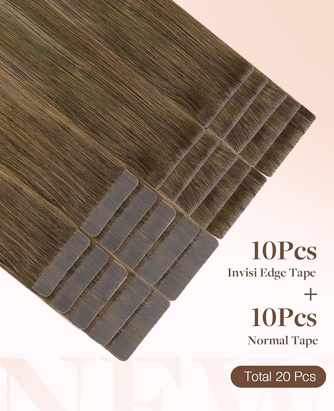 GOO GOO Invisi Edge Tape in Hair Extensions Human Hair, 3/8/613 Walnut Brown to Ash Brown and Bleach Blonde 10pcs injected with 10pcs classical tape ins, 10inch 30g, Virgin Remy Hair, Natural Look